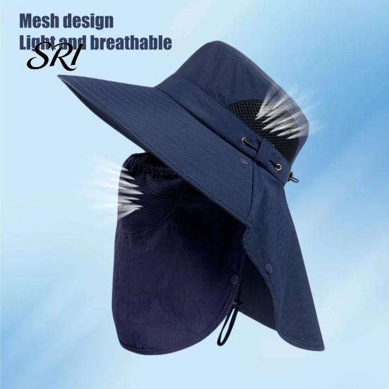 Outdoor Fishing Hat Bucket with Detachable Neck Guard Adjustable Windproof Breathable Mesh Quick Dry Sun Wide Brim UV Protection for Sports