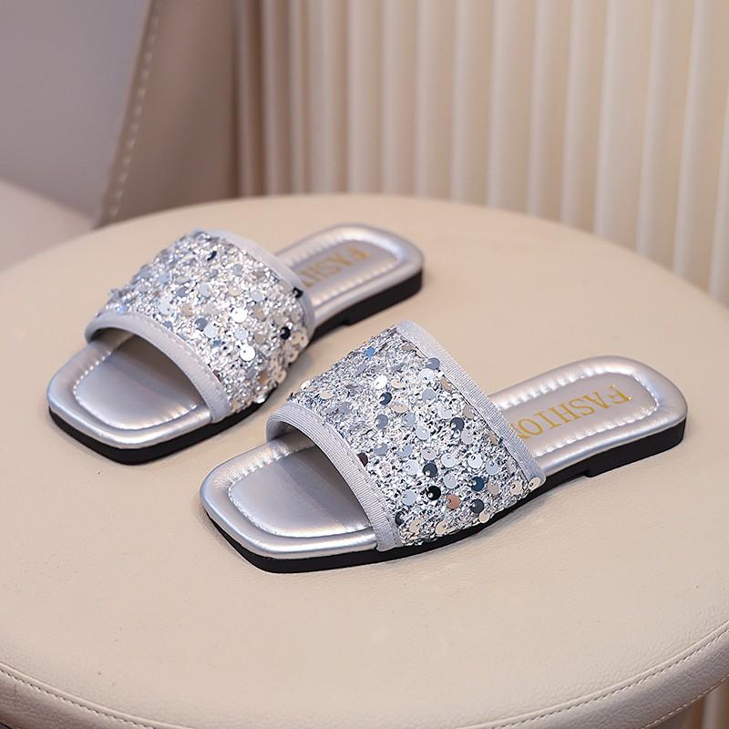 Тапочки с блестками для девочек, модные детские туфли на плоской подошве, тапочки принцессы, мягкая подошва, нескользящая, детская летняя пляжная обувь, размер 26-36