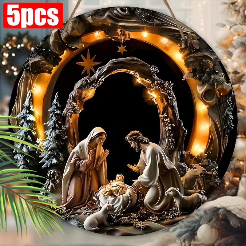 5 шт. Рождественский вертеп, деревянная табличка - 2D рельеф Иисуса, круглый настенный декор для церкви и дома, идеальный христианский подарок