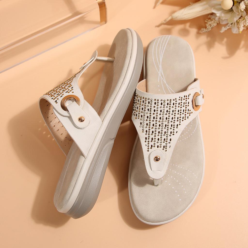 2025 Summer New Foreign Trade Clip Slippers Women's Shoes Plus Size Thick Sole Bright Diamond Decoration Casual Clip Slippers
