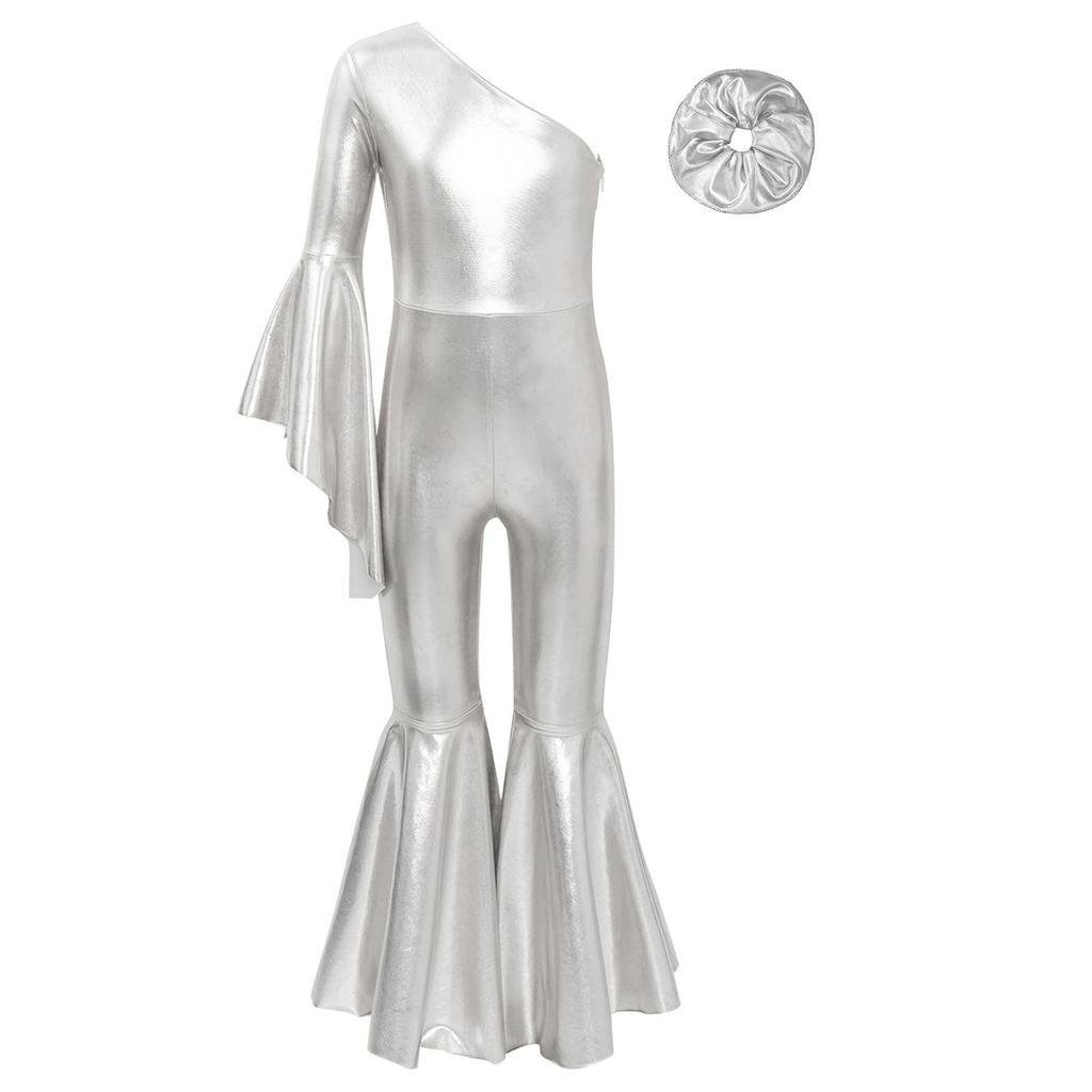 Девочки Блестящий Расклешенный Танцевальный Костюм Модный Комбинезон на Одно Плечо с Расклешенным Рукавом Повязка для Волос Головной Убор для Выступлений