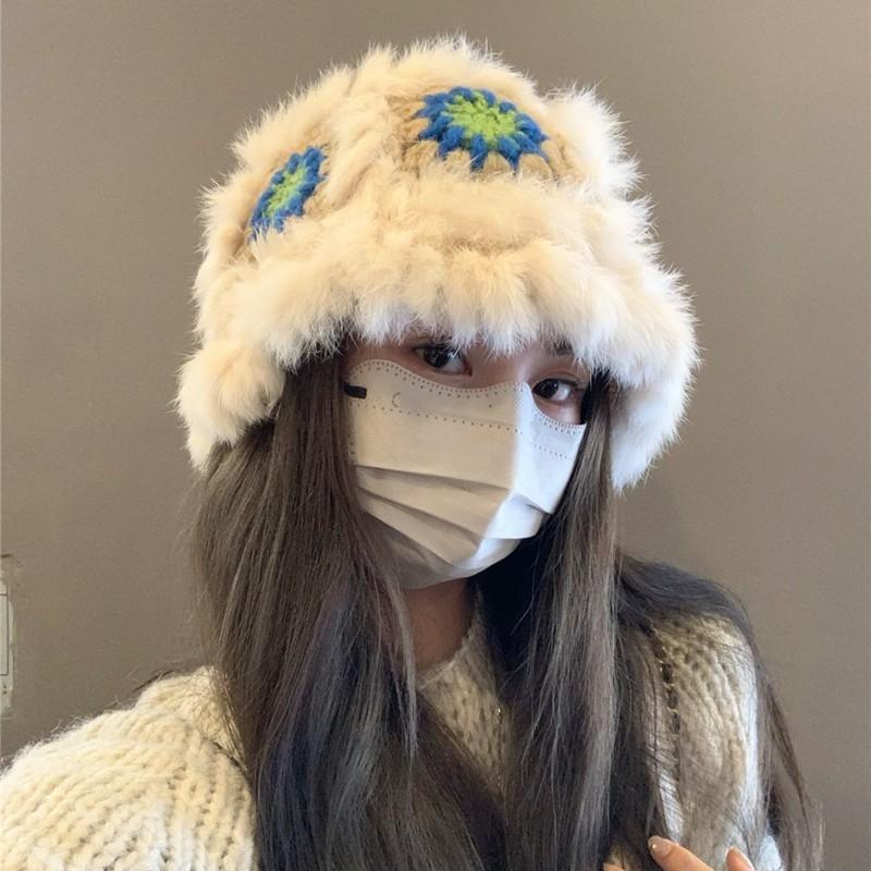 Fashion Rabbit Fur Patchwork Knit Bucket Hat Women Warm Fall Winter Large Head Size Face Slimming