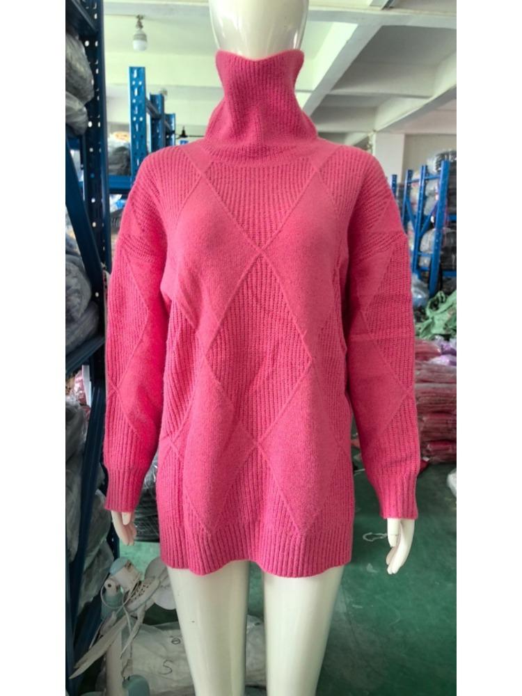 Пуловер Свободный Элегантный Повседневный Трикотаж Однотонный Высокий Воротник Ромбовидный Узор Модный Свитер для Женщин Роскошный Расслабленный Крой Стройнящий Универсальный Топ