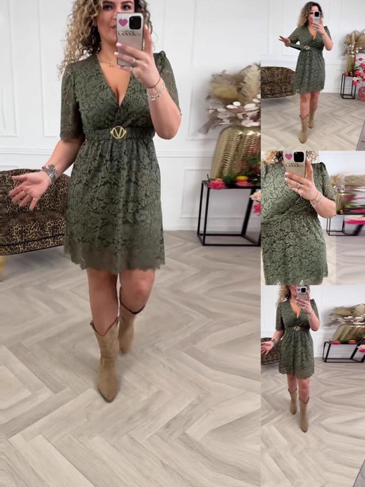 Женское европейское и американское платье миди с V-образным вырезом, кружевными лепестками, поясом, короткими рукавами, модного нового стиля.