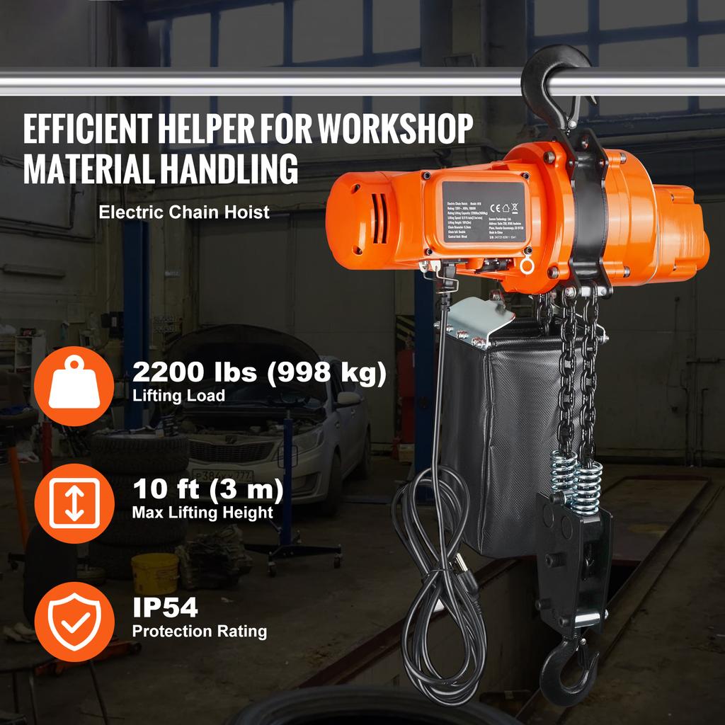 SucceBuy 2200 Lbs Electric Chain Hoist Single Phase Overhead Lifting Crane with Chain 10 Ft Wired Remote Control for Garage