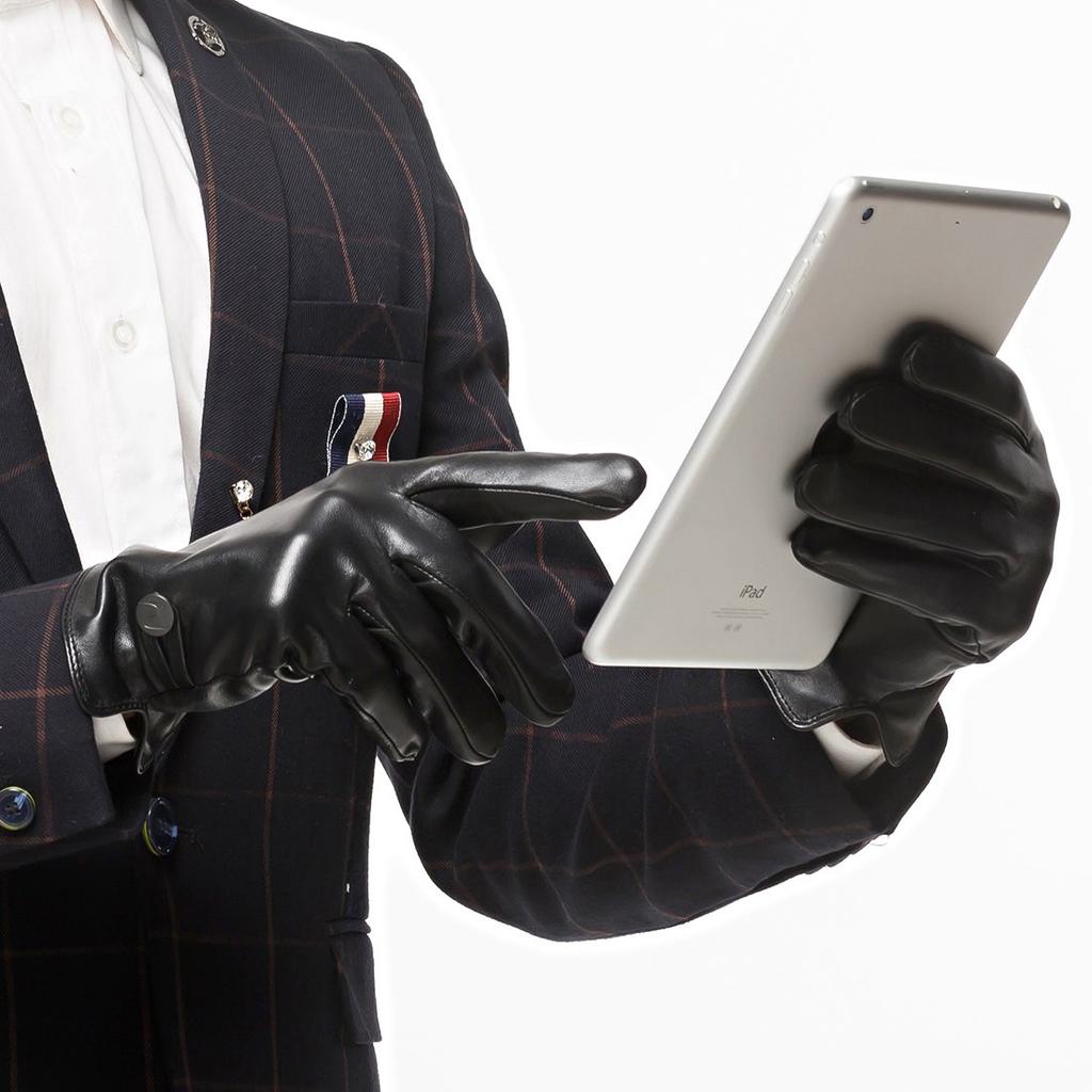 Nappaglo Genuine Sheepskin Leather Smartphone Driving Gloves with Long Fleece Lining Smartphone Men's Gloves, Compatible, Handmade, (Size M, Black,