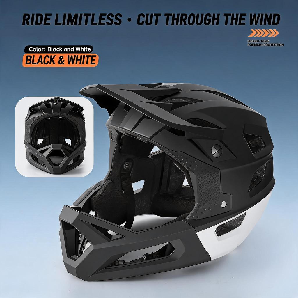 Adult Full Face Mountain Bike Helmet Off-Road Cycling Helmet for Extreme Racing Downhill BMX Skateboarding, Black, Size L
