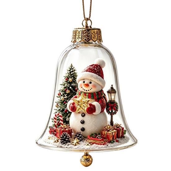 Holiday Home Atmosphere Enhancements 3D Christmas Bell Ornament, Winter Scene Clear Decoration with Santa Immersive Wonderland Ornaments Snowman