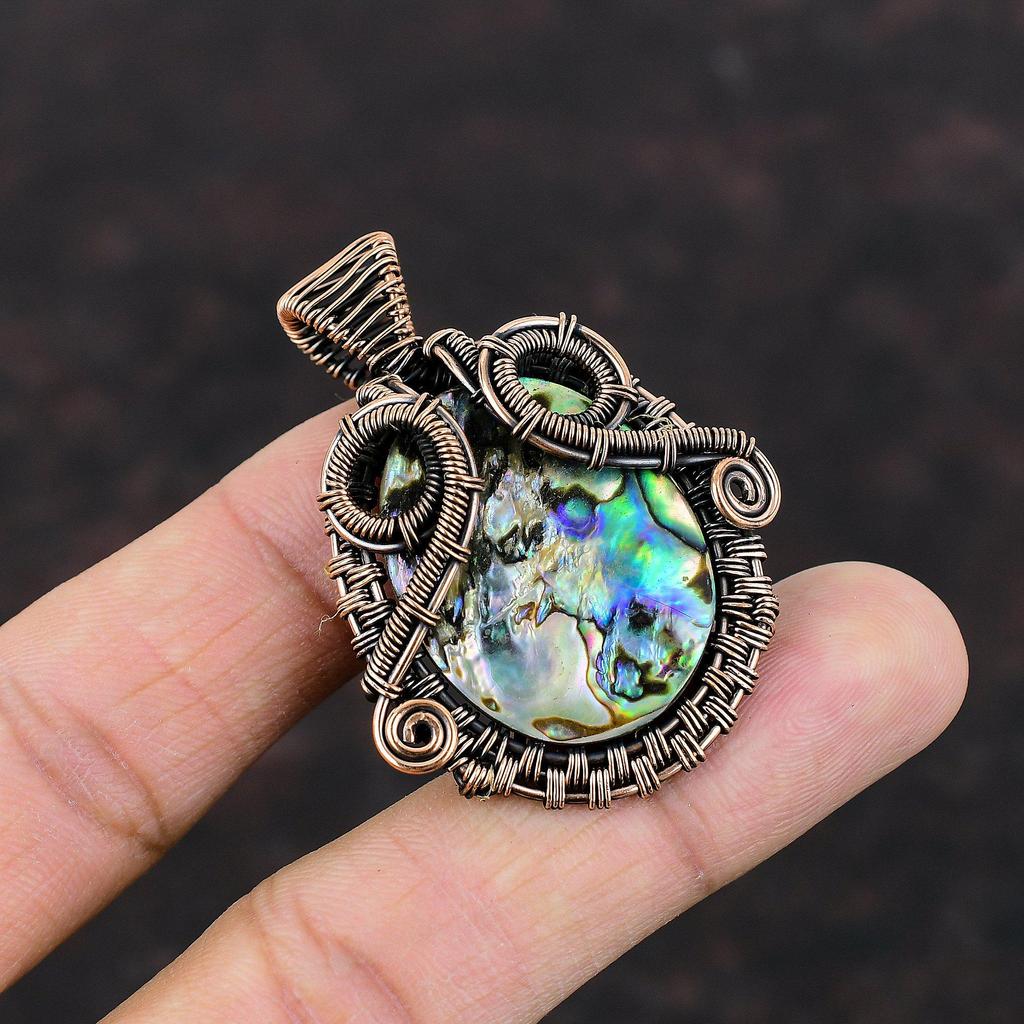 Кулон из драгоценного камня Раковина Абалона, обернутый медной проволокой, Ювелирные изделия ручной работы, Удивительный кулон, Элегантные украшения, Кулон, обернутый медной проволокой, Подарок для нее