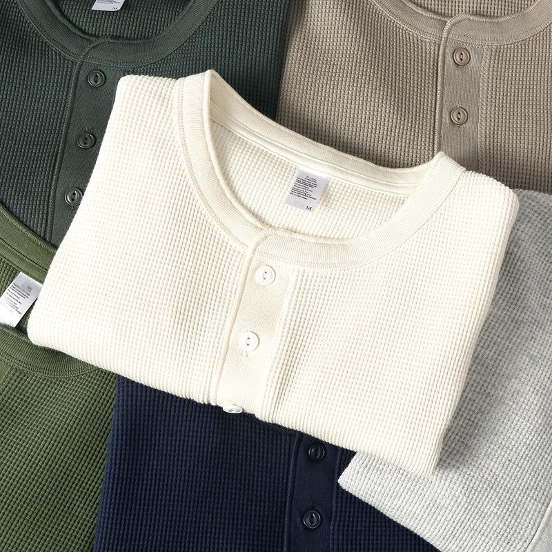 Men's Henley Long Sleeve T-Shirt Waffle Knit Heavyweight Slim Fit Casual Vintage Spring Base Layer Top