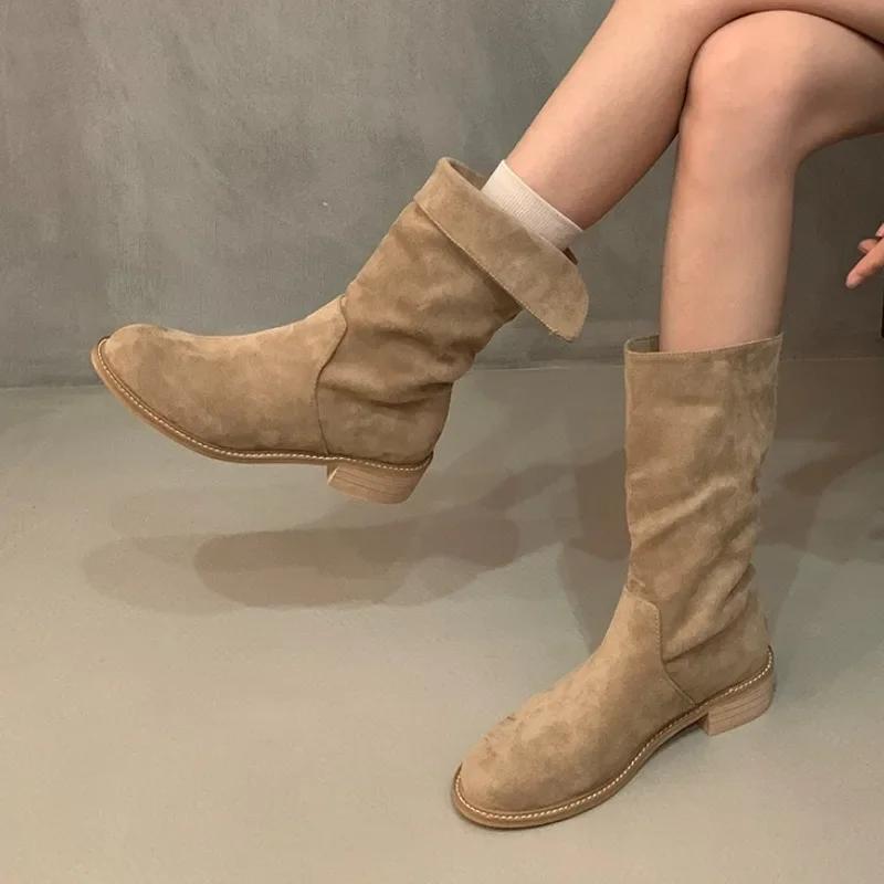 2024 Новые Туфли Женские Сапоги Женские Осенние Круглые Носки Замшевые Однотонные Короткие Ботинки На Блочном Каблуке Модные Сапоги Zapatos De Mujer
