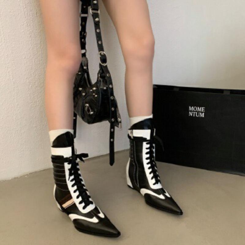Boots Lace-up Sports Style Boxing Boots Spice Girls Pointed Martin Boots Wedge Heel Retro Color Matching Short Boots Women