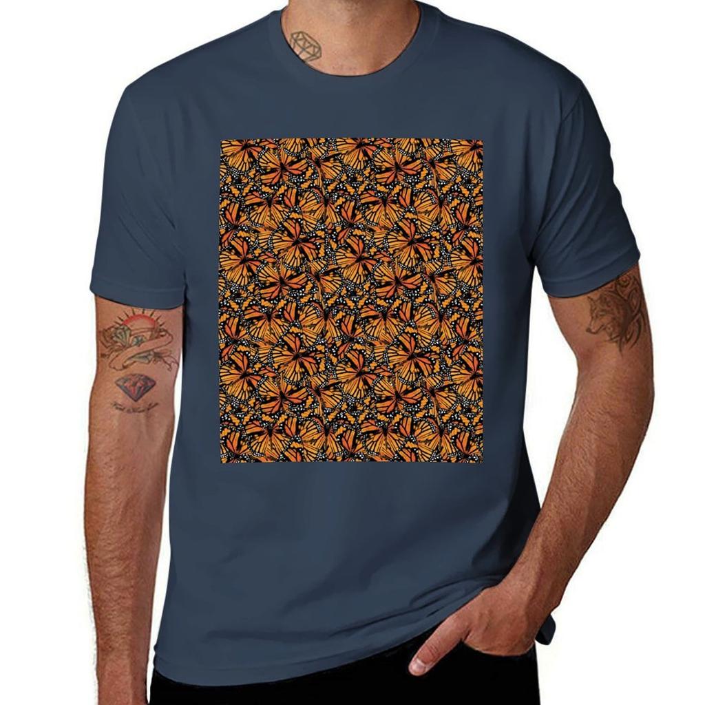 Monarch Butterfly Repeat Pattern Butterflies Insects Wings Nature Orange Black And White Tshirt Lightweight Hiking Tshirt