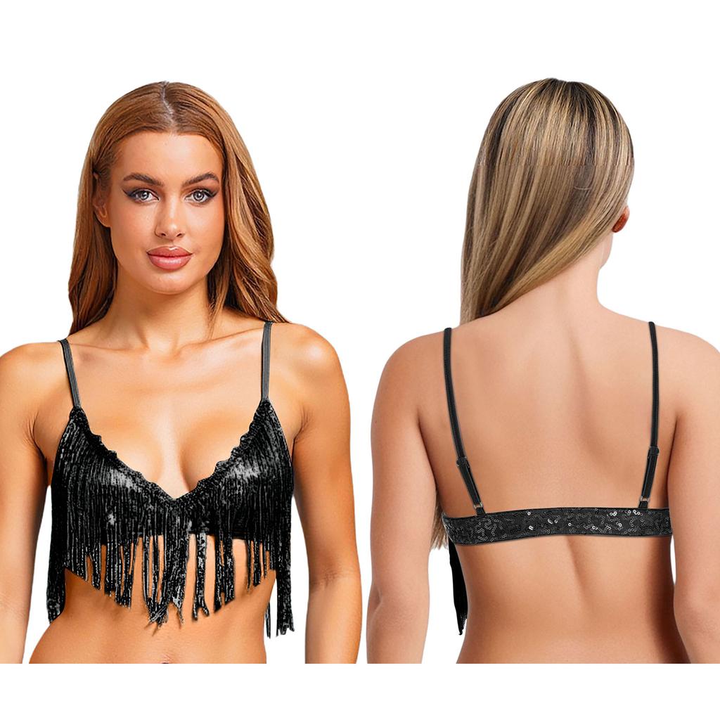 Женские блестящие топы-бра с пайетками и кисточками S-3XL - Свинговая бахрома из пайеток, беспроводной бралетт без подкладки для танца живота, клубная одежда для дискотеки