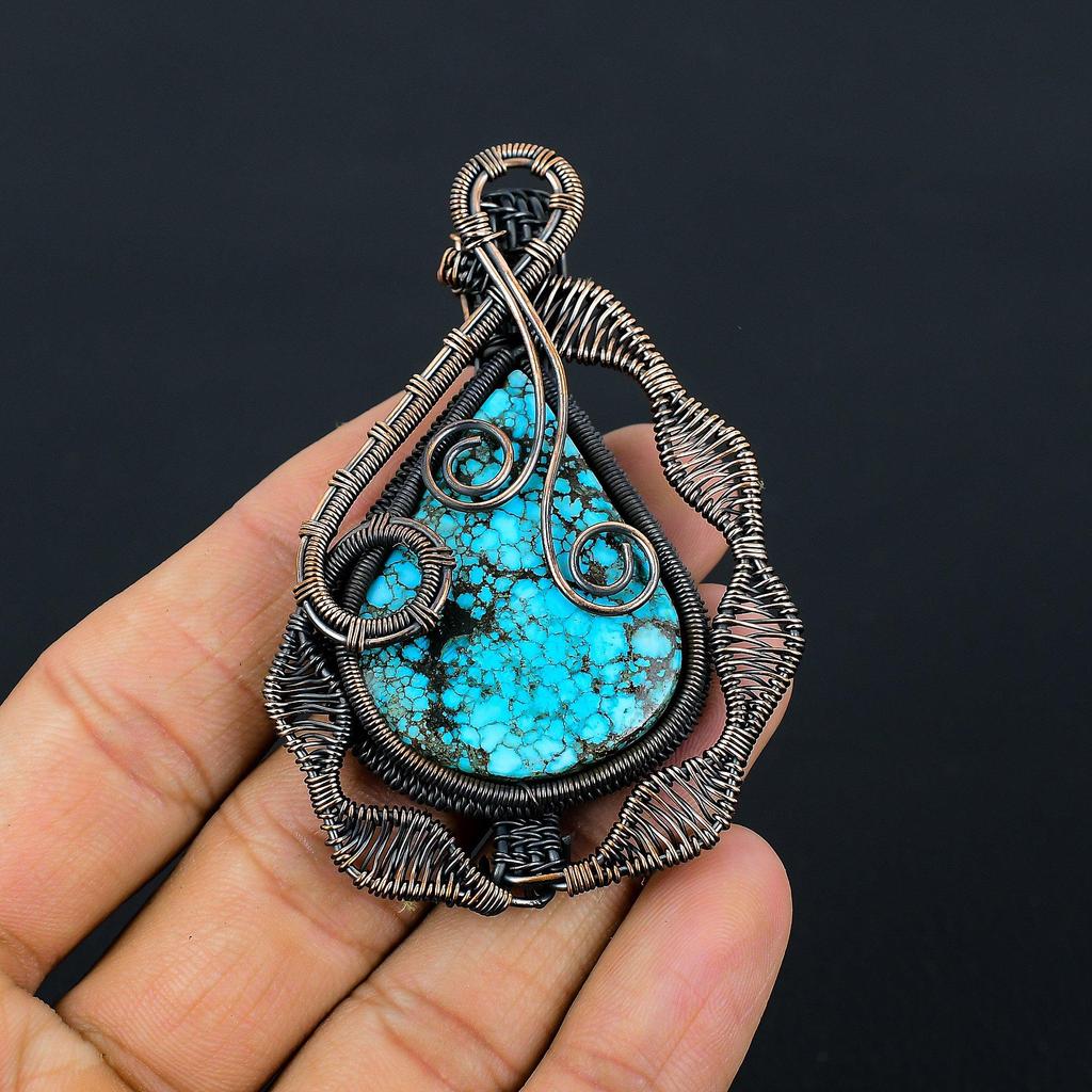 Tibetan Turquoise Gemstone Copper Wire Wrap Handmade Pendant Jewelry Gift For Her