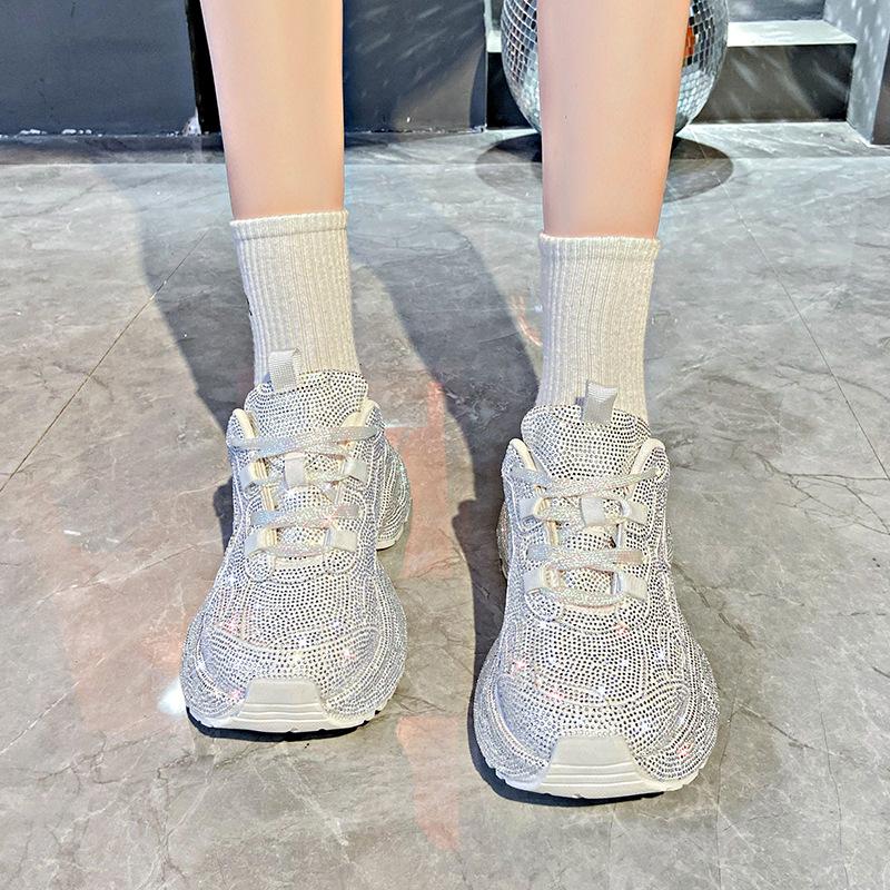 Starry Rhinestones Thick-soled Dad Shoes for Women Autumn and Winter Heavy-duty Hot Rhinestone Sports Shoes for Women