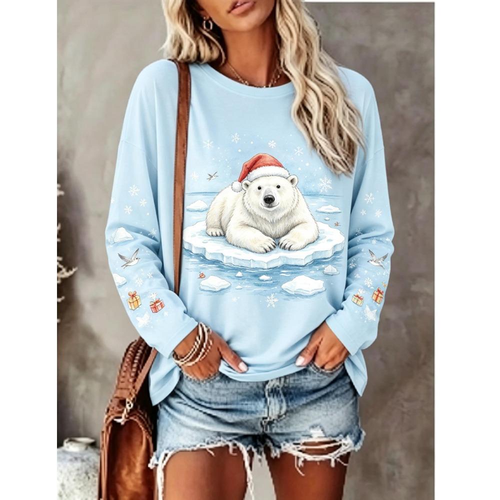 Women Long Sleeve T Shirt Christmas Spotted Deer Santa Hat Snow