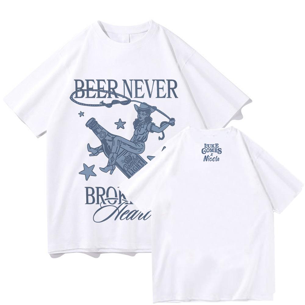 Beer Never Broke My Heart Tee Luke Combs Music Man Woman Harajuku O-Neck Short Sleeve T Shirts Fans Tee Cotton Top