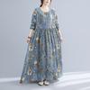 Cotton and Linen Breathable Dress In Spring and Summer Oversized Printed Round Neck Long Sleeve Large Swing Dress