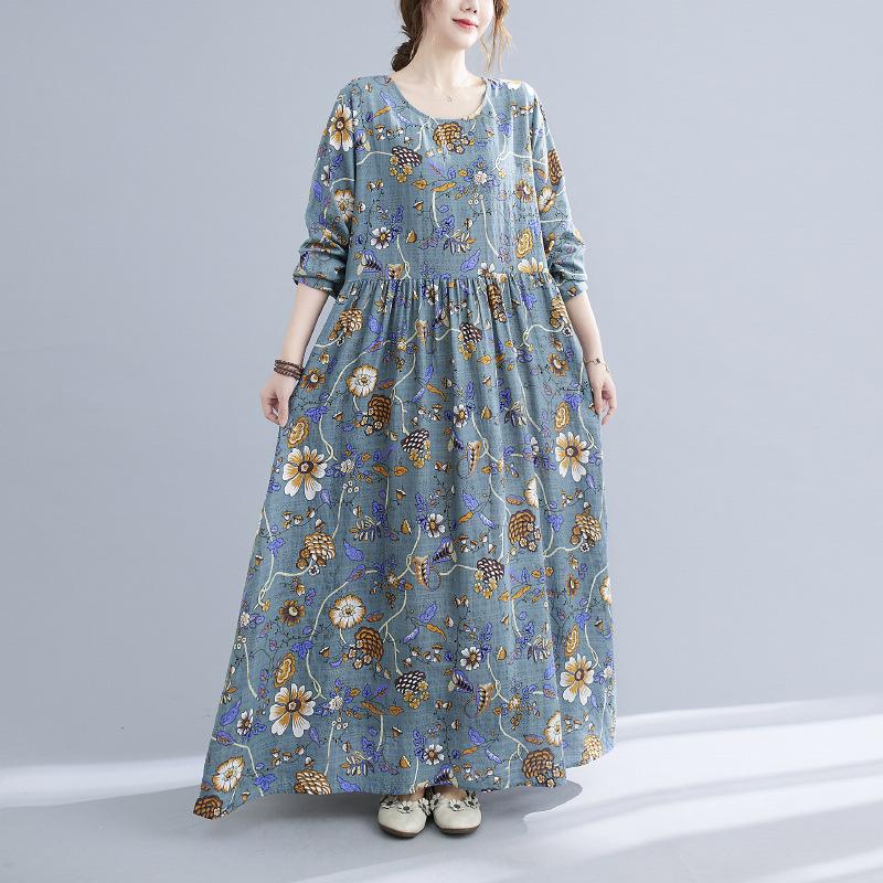 Cotton and Linen Breathable Dress In Spring and Summer Oversized Printed Round Neck Long Sleeve Large Swing Dress