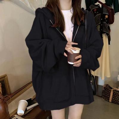 Harajuku, корейская версия, толстовки, осенние однотонные толстовки на молнии, большие толстовки с карманами и длинными рукавами, пальто с капюшоном, куртка