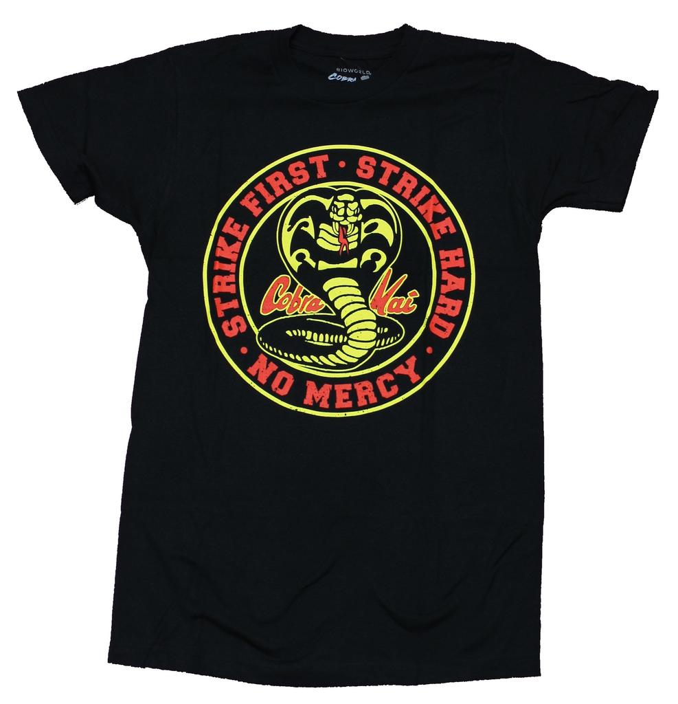 Cobra Kai Mens T-Shirt - Strike Hard Strike Fast No Mercy Cobra Circle Crisp