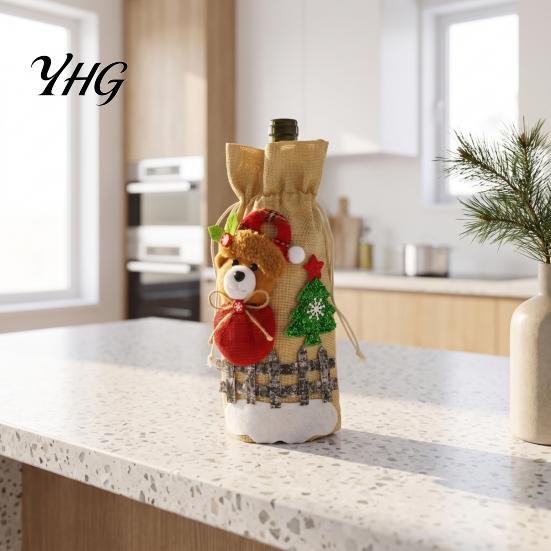 Reusable Linen Wine Bags Christmas Bottle Cover, Santa Claus/Snowman/Elk/Bear Gift Bag with Sticker Decals, Holiday Party Favors Favor Decor, Festive