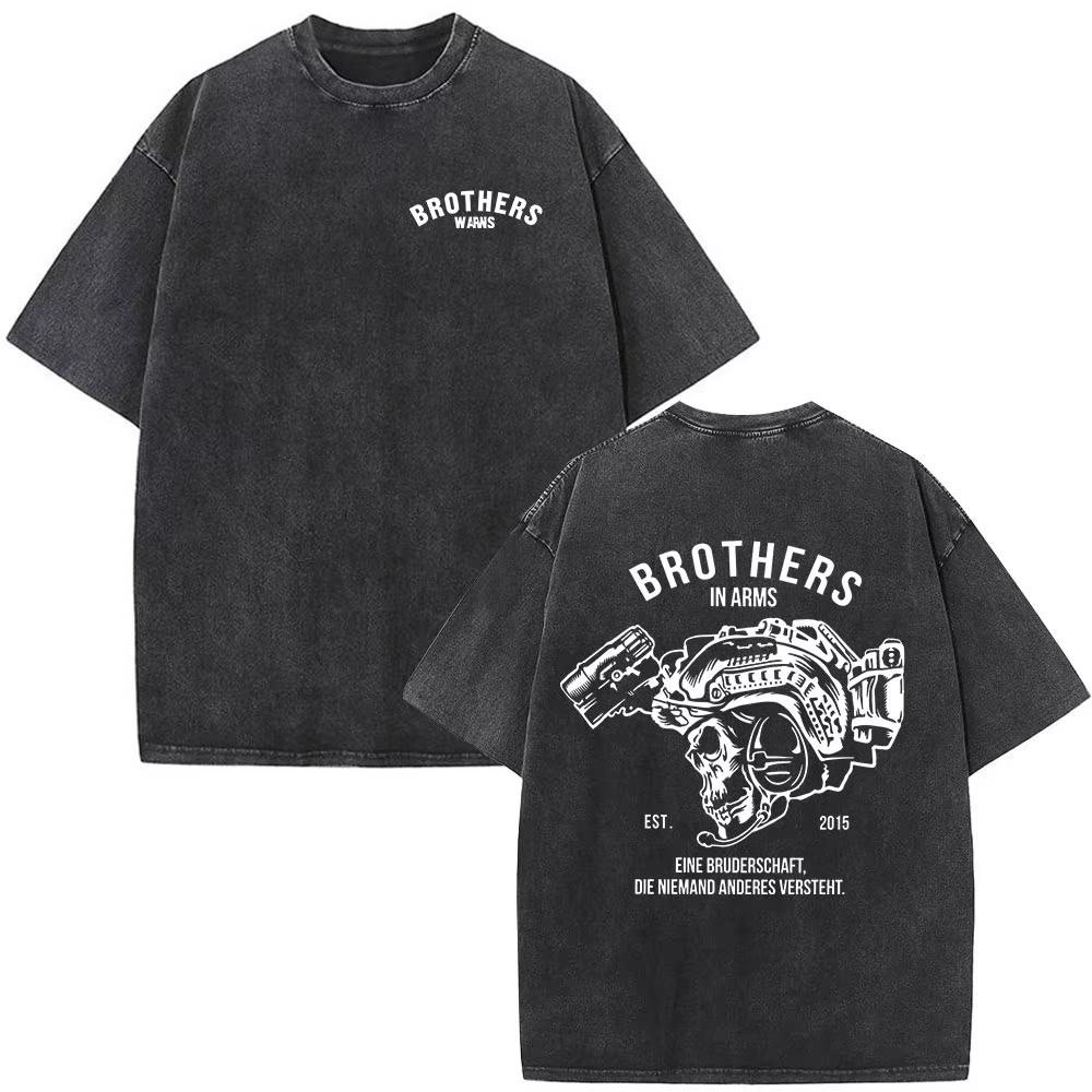 Vintage Washed Justicia Brothers in Arms Double Sided Print Tshirt Men Clothing Casual Cotton Short Sleeves T Shirts Ins