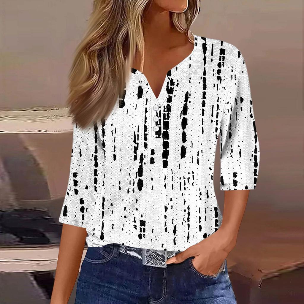 Женская модная футболка с V-образным вырезом, пуговицами, рукавами семь, повседневная полосатая клетчатая футболка с принтом