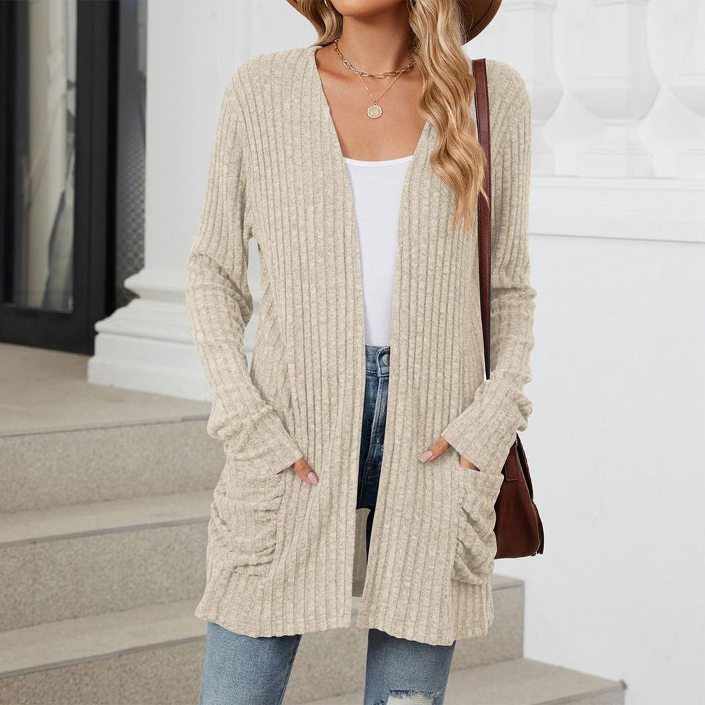 Женская модная повседневная однотонная куртка-кардиган с карманами и длинными рукавами