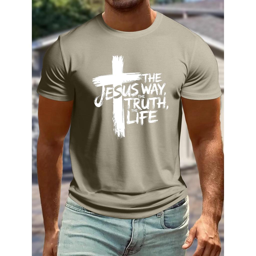 Jesus Way Truth Life Cross Graphic Mens Short Sleeve Cotton Tshirt Casual Loose Tee