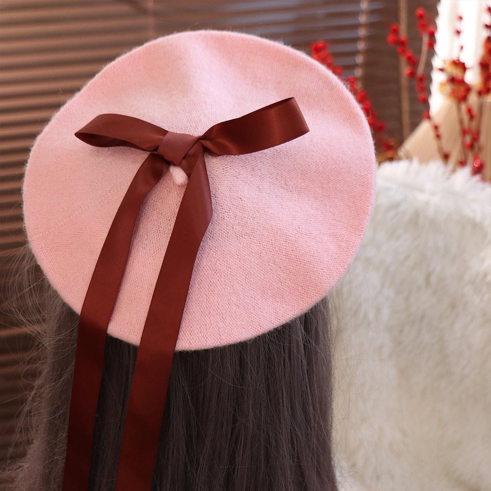 Warm Girl Lace Bow Hat Sweet Beanie Cap Y2k Painter Hat Cosplay