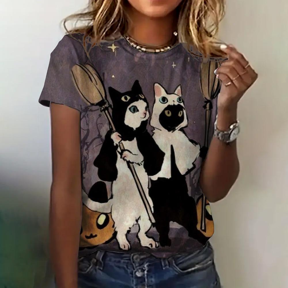 Женская футболка, летняя, с круглым вырезом, коротким рукавом, с рисунком кошки, топ, костюм на Хэллоуин, модная, свободная, с коротким рукавом, женская футболка 2024
