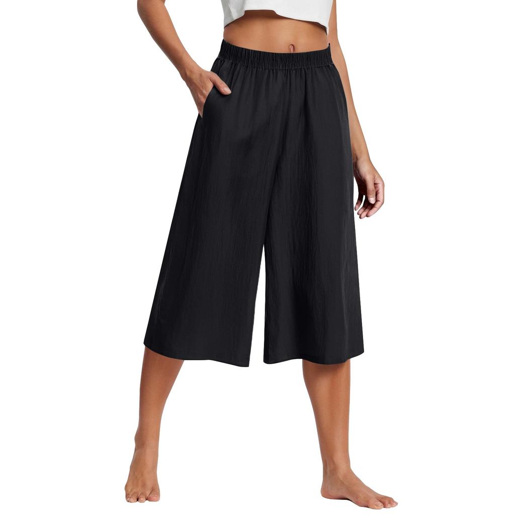 Women's Wide Leg Pants With Pockets Lightweight High Waisted Caual Loose Cropped Trousers