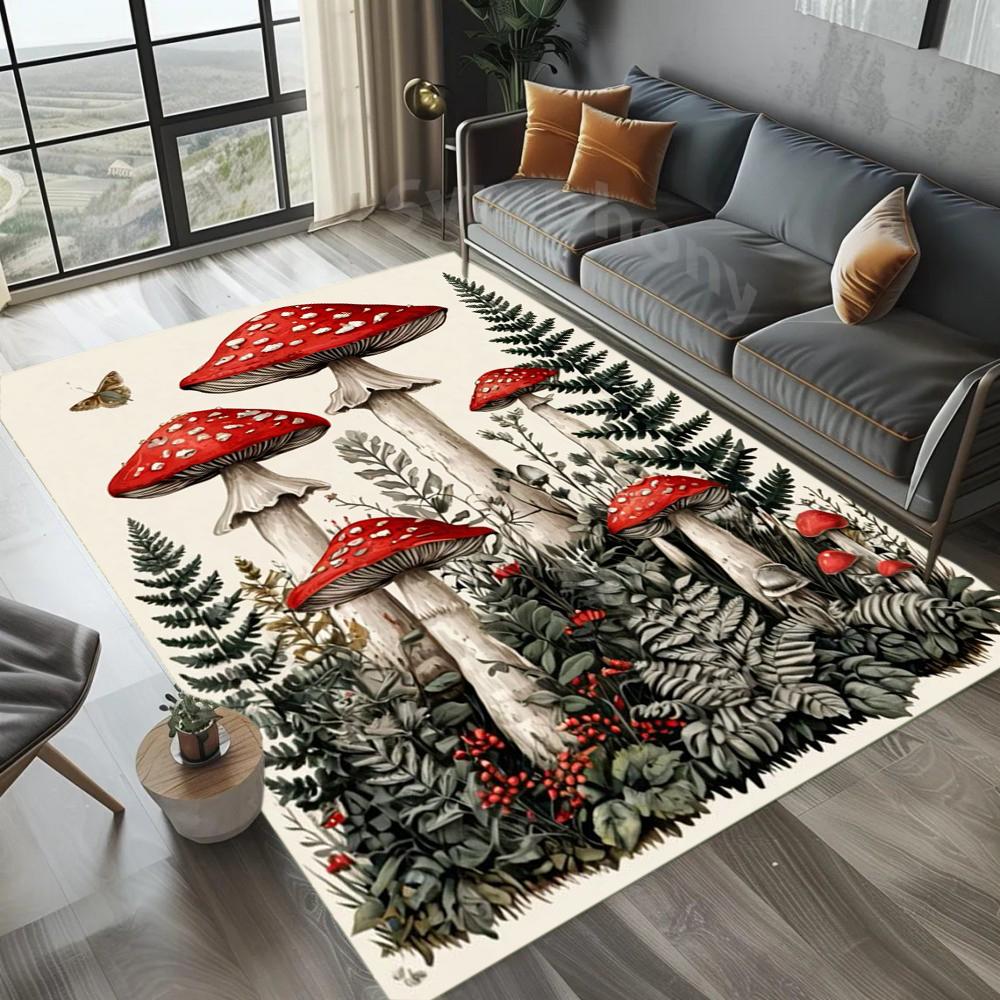 Mushroom Design Carpet Mat Rug Fern Leaves Forest Illustration Nature Pastoral Home Decoration for Living Room Bedroom Floor Mat