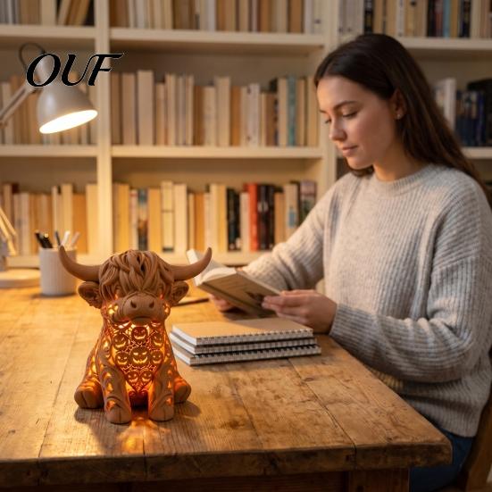 Decorative Figurine for Home Highland Cow Tea Light Candle Holder, 3D Printed with LED Modern Farmhouse Decor Light, Warm Tabletop Bedroom Desk