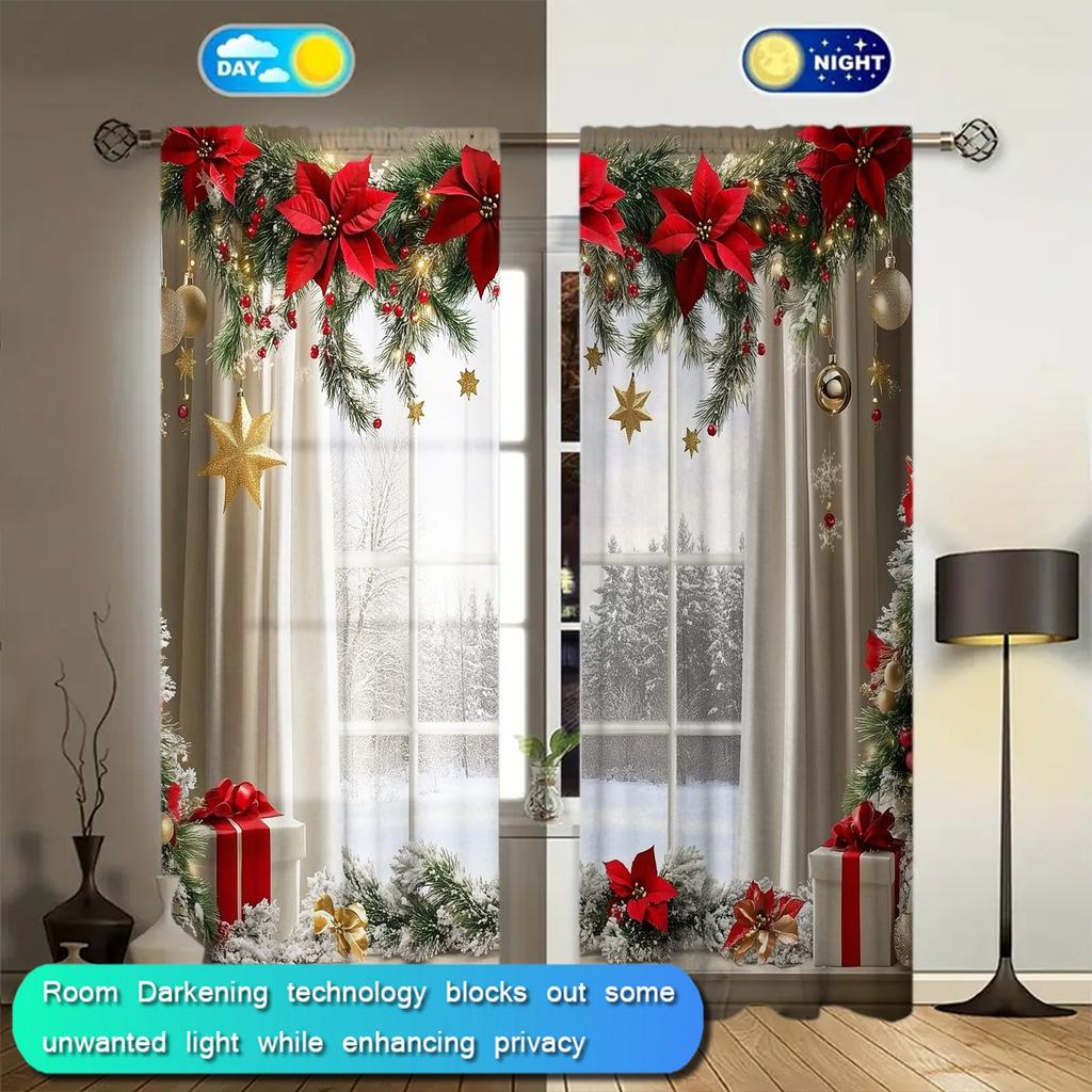 2pcs Windows with A Christm Printed Curtain for Christmas Home Decor - Rod Pocket Window Treatment for Bedroom, Office, Kitchen