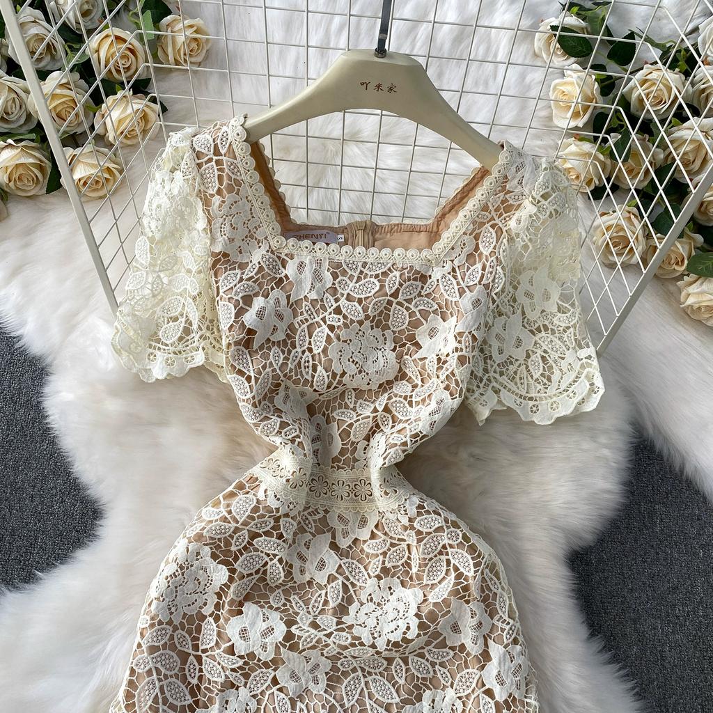 Summer Women Elegant Square Collar Embroidery Flower Lace Mesh Patchwork Long Maxi Slim Bodycon Party Dresses