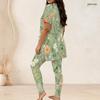 Women Plus Size Round Neck Short Sleeve Floral Printed Green Longline Top Fitted Pants Two Piece Set