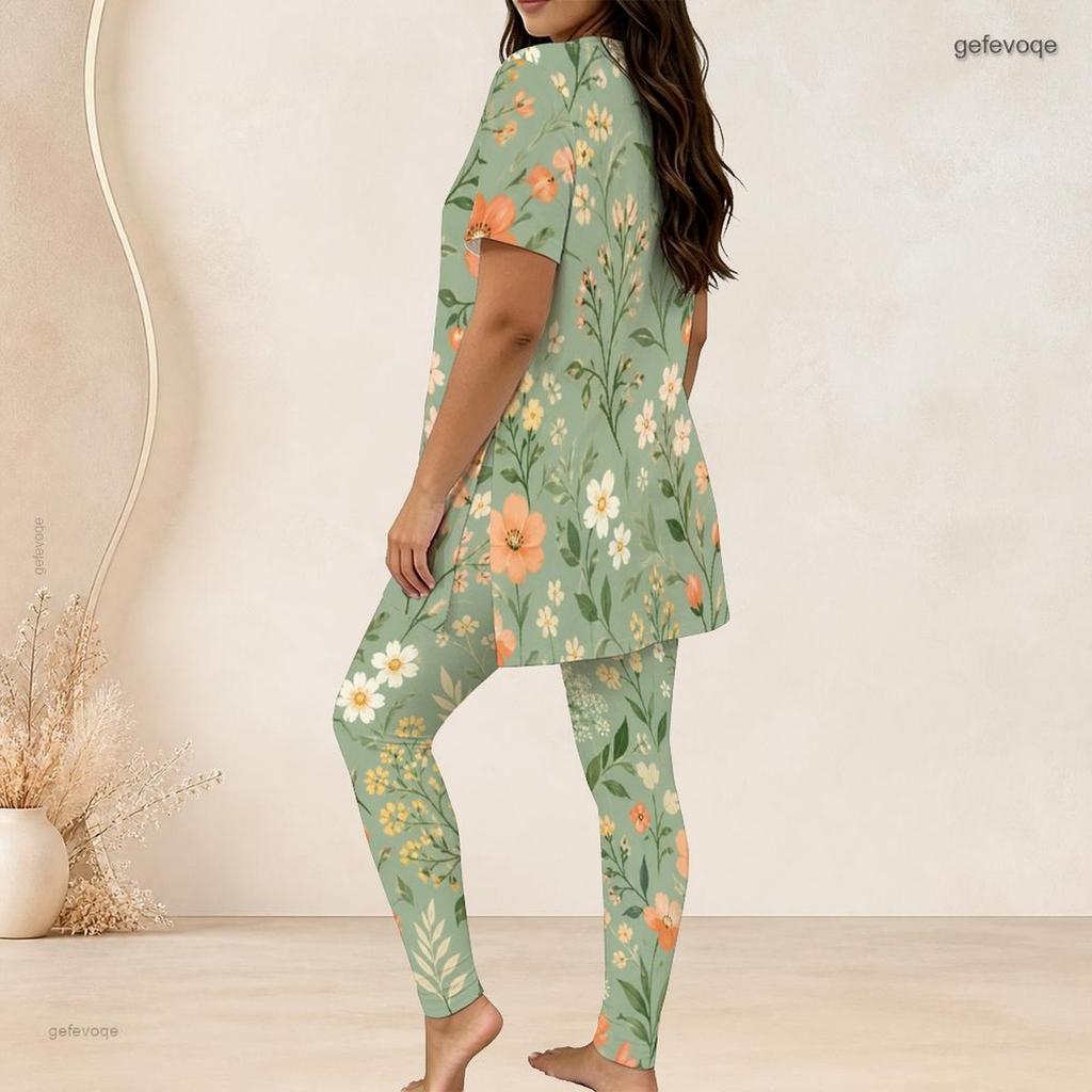 Women Plus Size Round Neck Short Sleeve Floral Printed Green Longline Top Fitted Pants Two Piece Set
