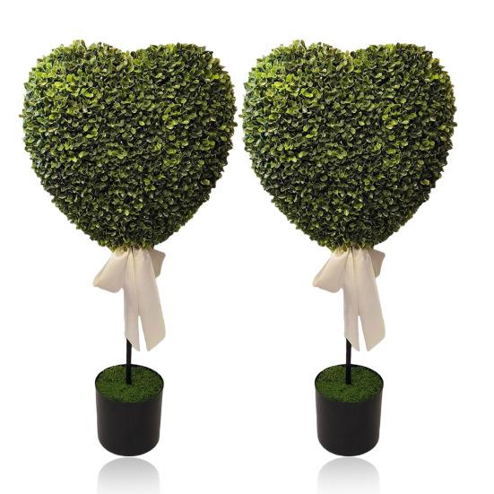 Искусственные Зеленые Растения в Горшках Формы Сердца Декор с Белой Лентой Бант Не Требует Ухода Искусственные Мини-Деревья в Форме Сердца для Дня Святого Валентина Домашний Декор
