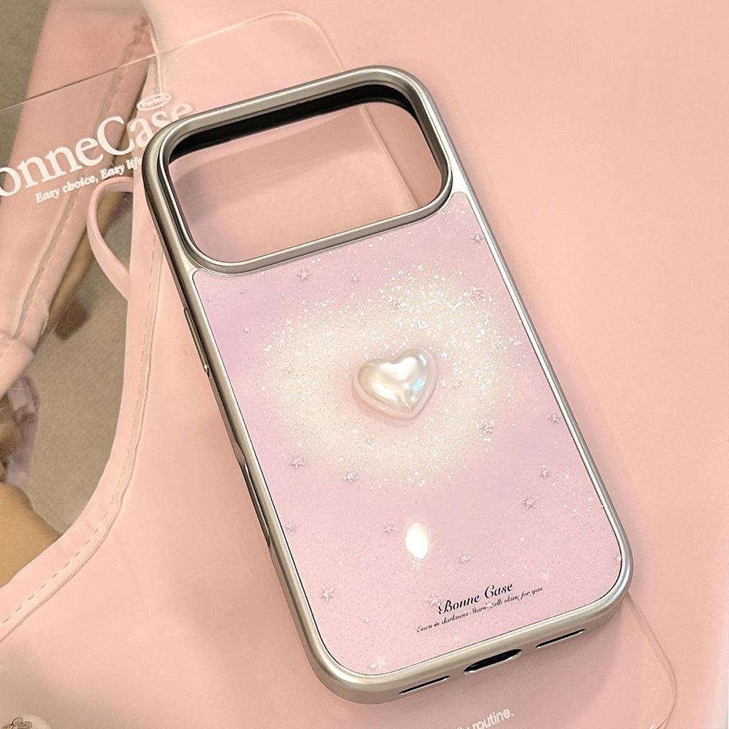 Korean Style Pink Gradient Love Heart Glitter Phone Case for Apple iPhone 17 Pro Max, 16, 15, 13 Electroplated Hard Cover