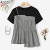 Women Plaid Print Patchwork Casual Round Neck Short Sleeve T-Shirts