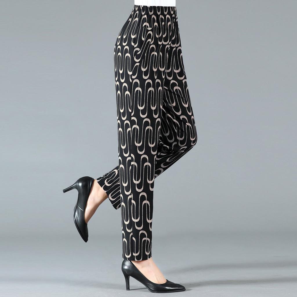 Summer Middle-aged and Elderly Women's Cropped Pants High Waist Elastic Oversized Pants Middle-aged Women's Floral Pants
