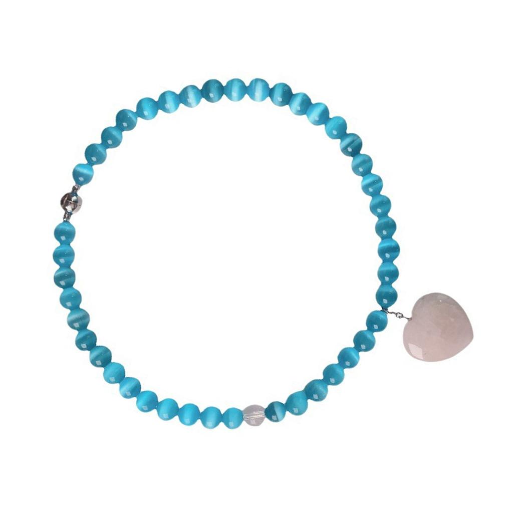 Elegant Love Heart Blue Cats Eye Stone Beaded Necklace Symbolizing Love and Tenderness for Trendy Women Casual Wear