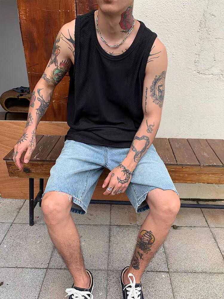 Мужская американская баскетбольная майка из ледяного шелка - U-образный вырез, без рукавов, свободный крой, рубчатая майка