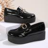 Patent Leather Single Shoes Autumn New Round Toe Deep Mouth Metal Buckle Platform Non-Slip Heeled Loafers