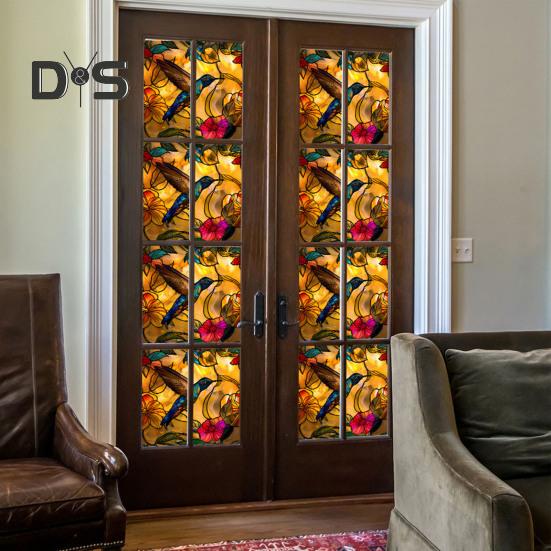Stained Glass Static Window Film Vintage Flower Privacy Protection Sun Blocking Glass Cling Waterproof PVC Window Covering Film