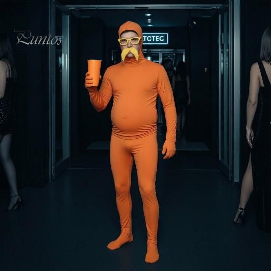 Оранжевый Zentai-костюм с открытым лицом, полный костюм-комбинезон для детей и взрослых, с животом, желтыми усами и бровями, мужской и женский спандексный комбинезон, Хэллоуин
