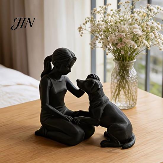 Unique Handcrafted Pet Keepsake 3D Printed Girl with Dog Figurine, Minimalist Squatting Sculpture for Home Emotional Sympathy Gift Decor, Healing